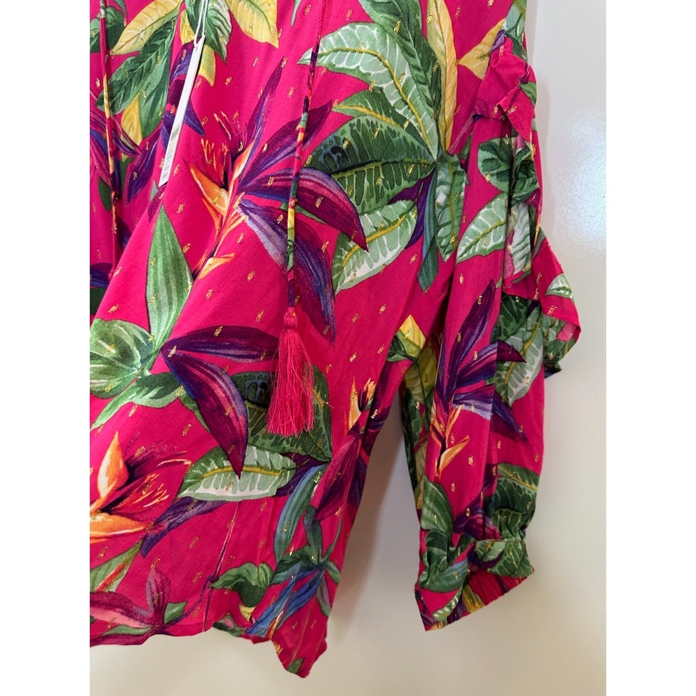 NEW Chico's Double Ruffle Sleeve Vivid Botanical Blouse Tasseled Top Size 1 US 8 - Picture 4 of 11